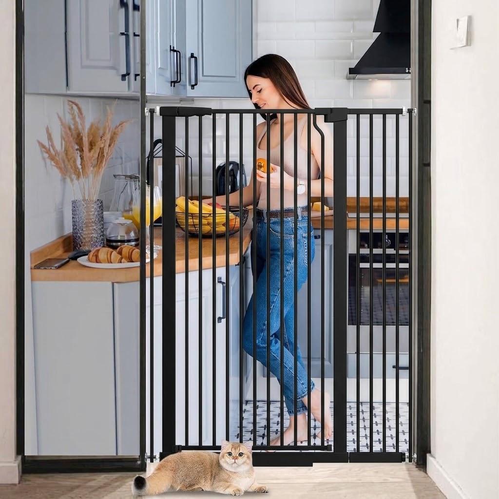 51.18" Extra Tall Pet Cat Gate for Doorway 29.5"- 40.5" Wide Auto Close Tall Dog Gate No Drilling Pressure Mounted for Hallway Kitchen, Black