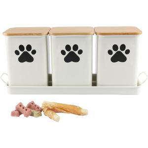 Set of 3 Metal Dog Treat Jars,60oz Airtight Dog Treat Container with Bamboo Lids,Cat Treat Canister,Puppy Cookie Container for Kitchen Counter,Coated Galvanized Steel-White