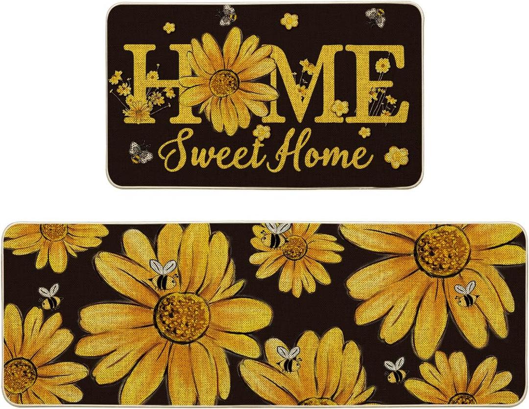 Artoid Mode Black Bee Sunflower Daisy Home Spring Kitchen Mats Set of 2, Summer Home Decor Low-Profile Kitchen Rugs for Floor - 17x29 and 17x47 Inch