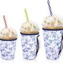 Iced Coffee Sleeve Insulator Sleeves for Cold Drinks Beverages, 3 Pack Reusable Neoprene Cup Sleeve with Handle for 16-32oz Coffee cups(Abstract Floral China)