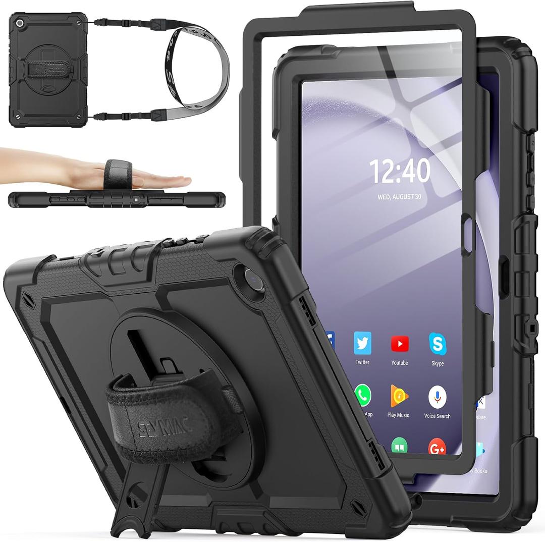 SEYMAC stock Case for Samsung Galaxy Tab A9+ Plus 11'', Full-Body Drop Protection Case with Screen Protector Pencil Holder [360 Rotating Hand Strap] &Stand, Black