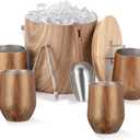 Meekoo Stainless Steel Ice Bucket for Parties,3L Double-wall Vacuum Insulated Ice Bucket with Lid, Scoop, Tong, and 4 Wood Texture Cups for Champagne, Cocktail, Home Barware, Bar, Outdoor Supplies