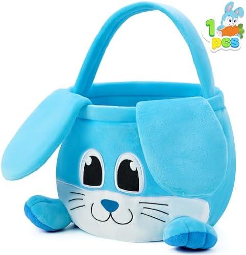 JOYIN Easter Bunny Baske with Foldable Ears, Empty Soft Basket with Handle, Easter Gifts for Babies, Kids Egg Hunt Game, Candy Bag, Party Favor Storage Container(11.8"× 8.7")
