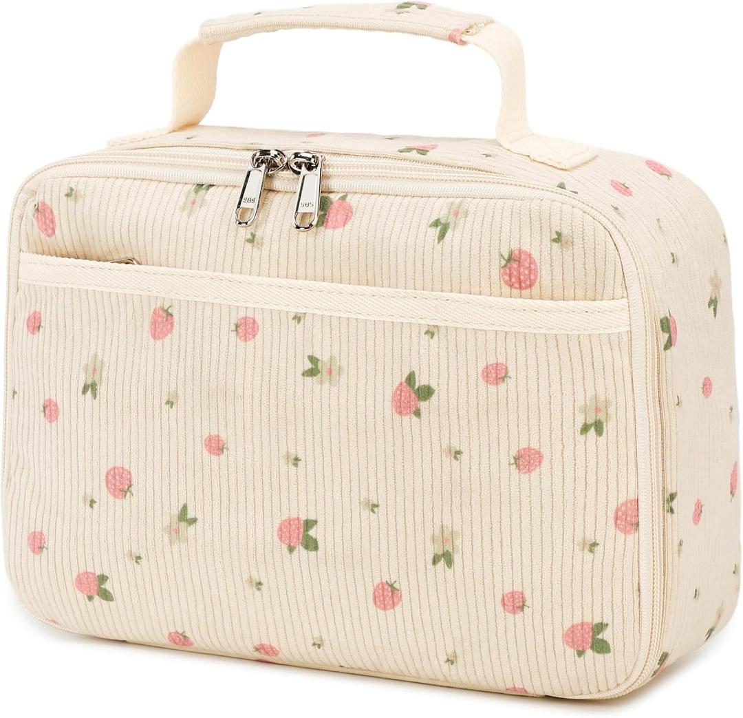 Lunch Bags for Kids Girls Insulated Lunch Boxes Corduroy Cooler Toddler Lunch Tote Bag Thermo Picnic Bag for School Children (Corduroy-Beige Strawberry)