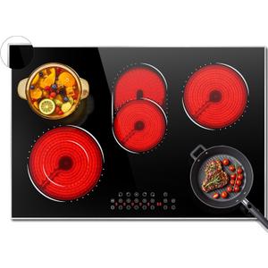 Hobsir 30 Inch Electric Cooktop, 5 Burners Cooktop, Electric Stove Top Burner, 8400W Drop-in Ceramic Stove Cooktops with Glass Metal Frame, Timer, Safety Lock, 220-240V, Hard Wired (No Plug) Cooktops