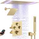 Dual Rain Shower Head System Faucet Set Ceiling Mount 14x20 Inch LED Head with 6 Inch Wall Head and Handheld Shower Valve Can Run Together and Control The Flow,Brushed Gold