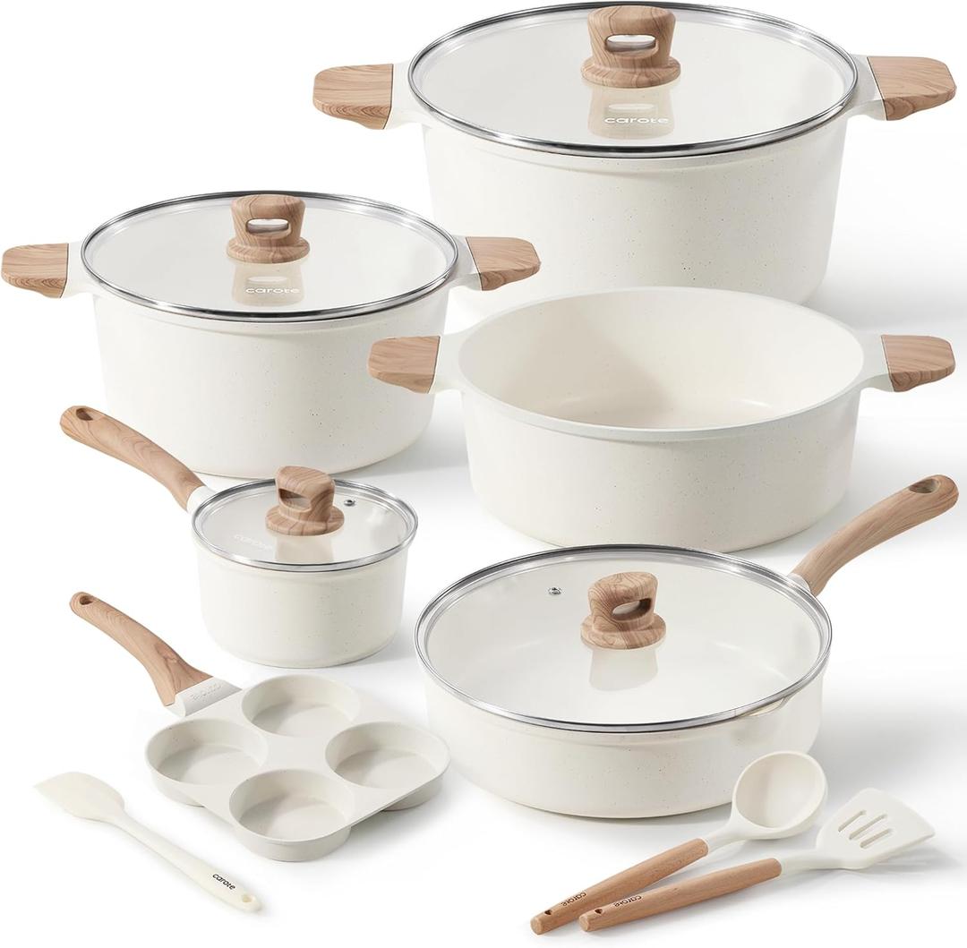 CAROTE Nonstick Pots and Pans Set, Cookware Set Induction Kitchen Cooking Set w/Stock pot & Saucepans, White Granite 13pcs (13 Piece, Cream White)