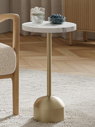Round Metal Drink Table with Faux Marble Top, Brass Pole & Dome Base – Modern Small Pedestal Side Table for Living Room, Bedroom, or Office – Easy Assembly, Scratch-Resistant Base