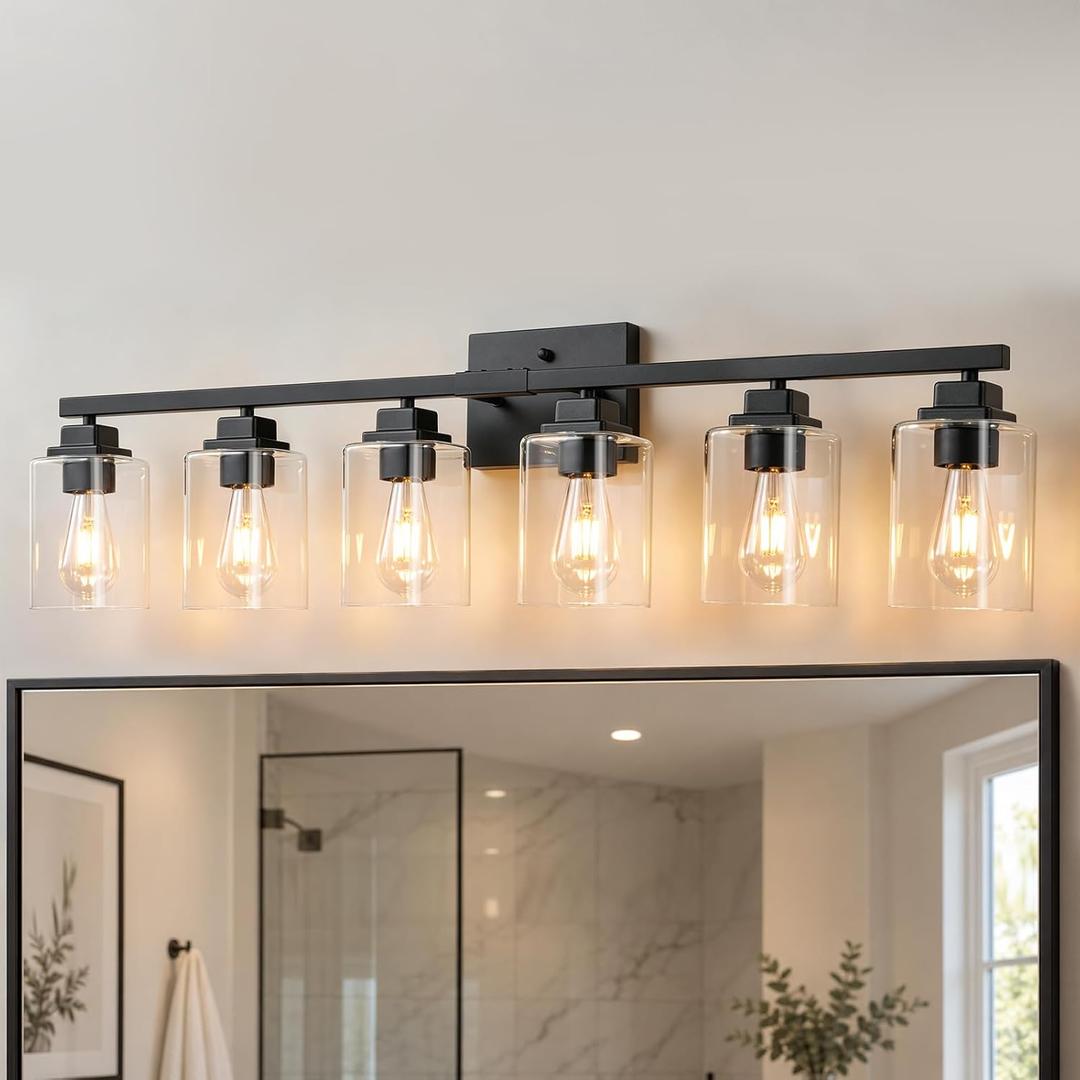 Matte Black Bathroom Light Fixtures, 6-Light Vanity Lights over mirror