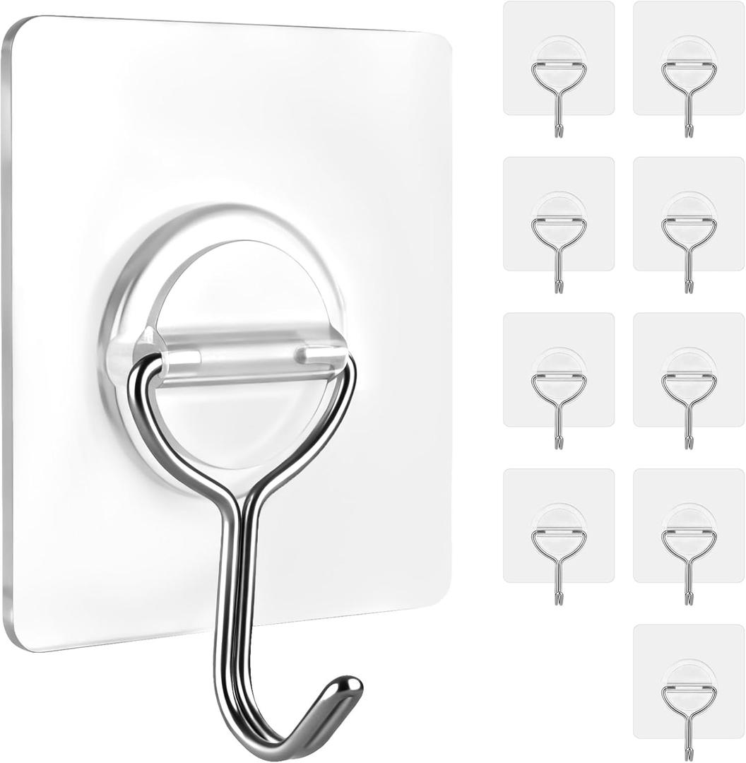 2 x Adhesive Wall Hooks for Hanging Heavy Duty Coat - 13LBS (Max) Transparent Waterproof Hook Multiple Uses Stainless Steel Hooks for Shower Kitchen Bathroom Office Utility Hook 10 Pack