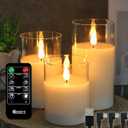 Rechargeable Flameless Glass Pillar Candles–Easter Flameless Candles Decorations,–Set of 3, Realistic Flickering LED Light,Remote & Timer, Ideal for Living Room, Bedroom & Easter Décor