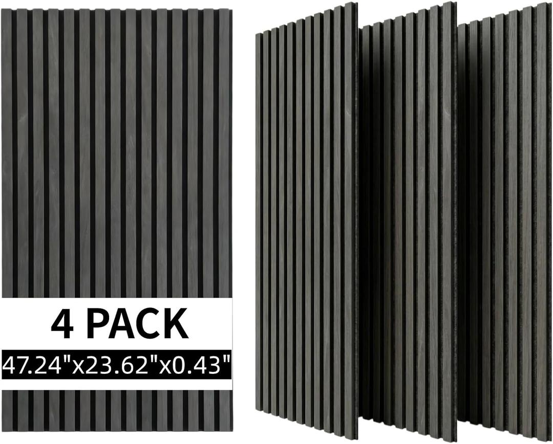 3D Wood Slat Acoustic Wall Panels, 4 Pack,Wall Decor,Matte Black | 47.2'' X 23.6'', Sound absorption and noise reduction, Textured Interior Paneling, For Living Room, Bedroom, Office & Studio