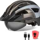 Adult Bike Helmet with Visor and Goggles for Men Women Mountain Road Bicycle Helmet Rechargeable Rear Light Cycling Helmet (L: 57-61 cm (22.4-24 inches), Ti Grey)