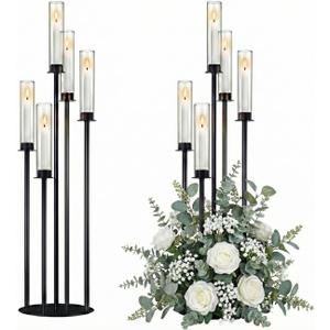 Black Candelabra with Glass Cylinders for Real Candles 5 Head Metal Candle Holder Wedding Centerpiece Ceremony Reception Event Party Home Decoration (2, L)