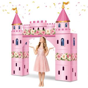 Pajean 9 Pcs Princess Party Decorations 43 x 60 Inch Pink Princess Cardboard Castle Playhouse Kit Floral Castle Fort Set Girl Birthday Centerpiece for Bridal Shower, Tea Party, Wedding Decor
