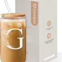 SANDJEST Monogrammed Gifts for Women - Monogram G Initial Glass Cup 16 Oz Can Coffee Cups with Lid and Straw - Monogram Initials Gifts for Womens on Birthday