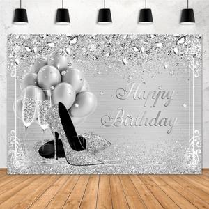 Aperturee 7x5ft Silver Happy Birthday Backdrop Glitter Diamonds High Heel Balloons Champage Glass Girls Women Sweet 16 Photography Background Banner Supplies Photo Booth Studio Props Party Decoration