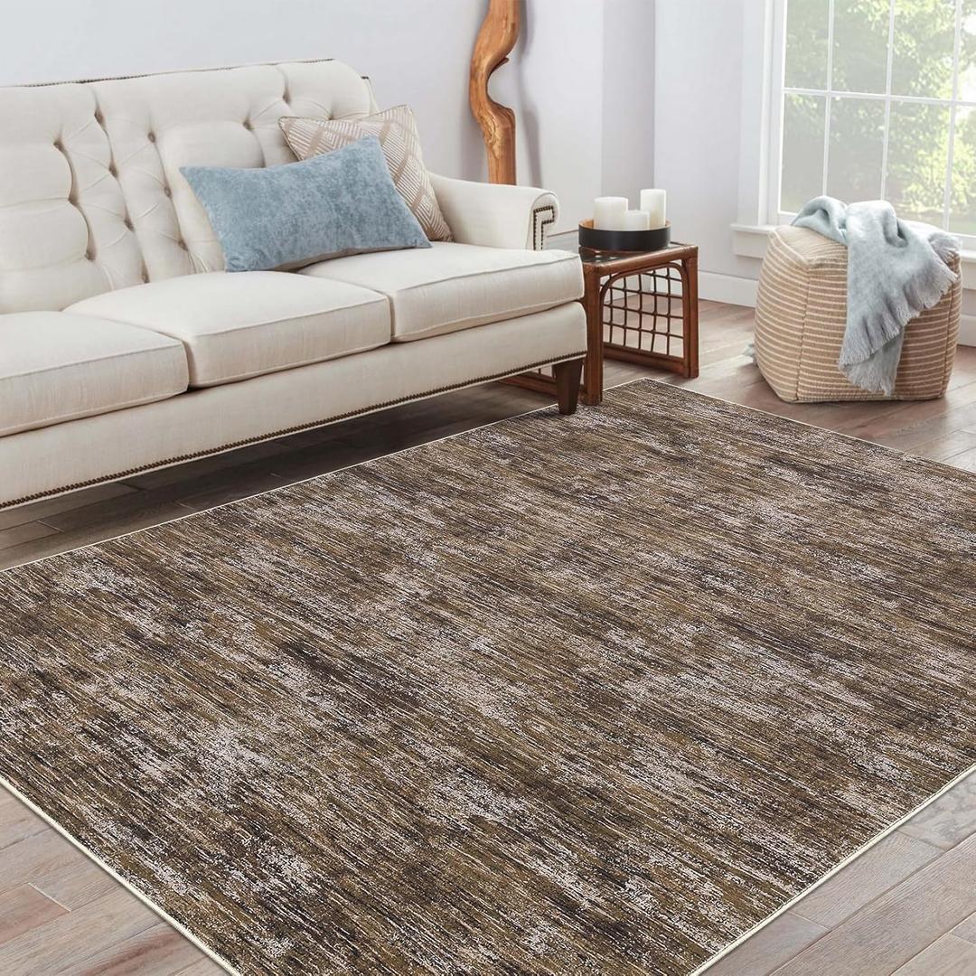 Bedroom Area Rug 4x6 Modern Abstract Area Rug Stain Resistant Small Living Room Rug Contemporary Dining Room Rug Non-Slip Solid Rug Aesthetic Accent Floor Carpet for Kitchen Office, Brown