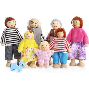 Lovely Happy Family Dolls Playset Wooden Figures Set of 7 People with Dog for Kids Children Toddlers Dollhouse Pretend Gift