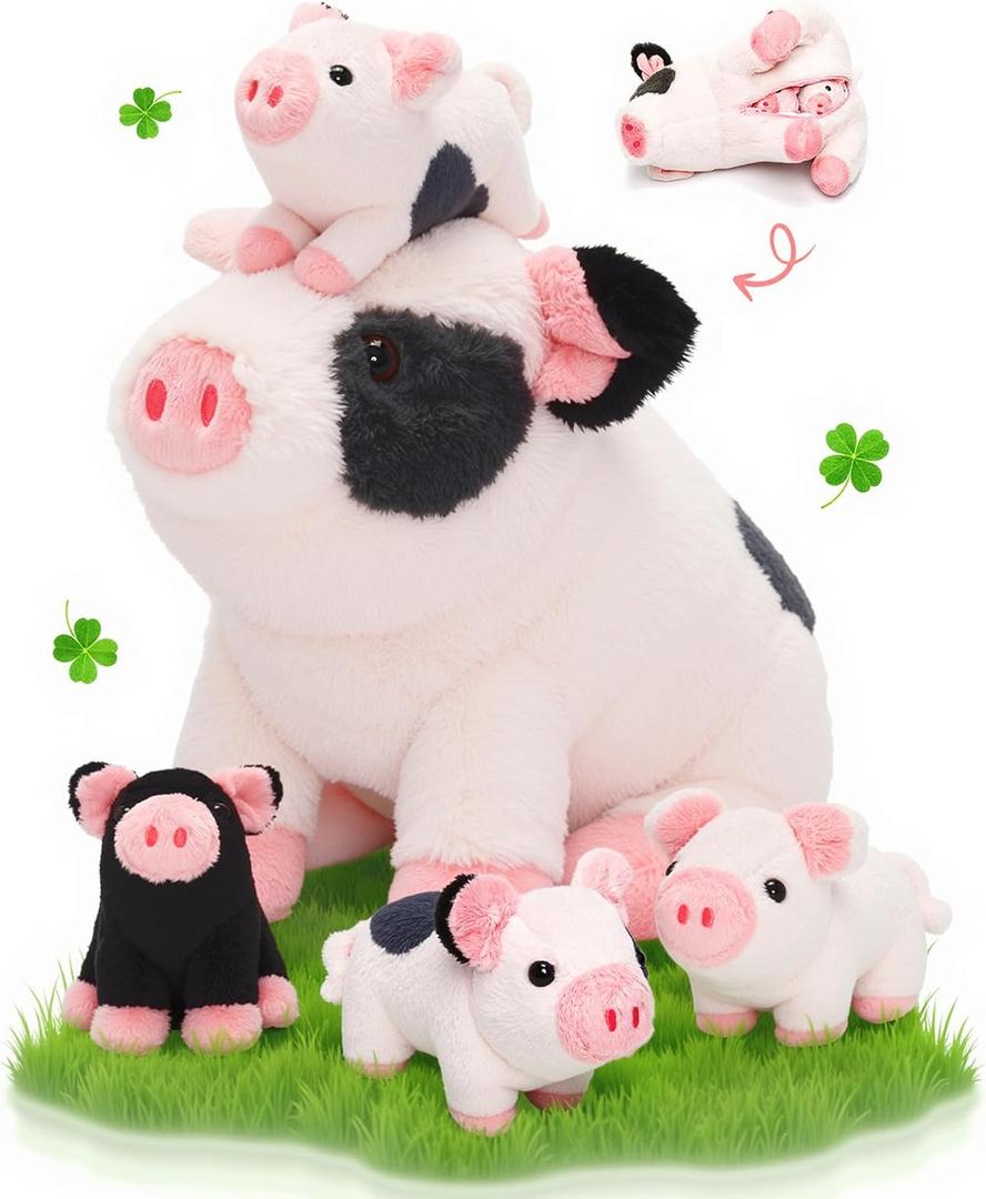 OUOZZZ 11" Pig Stuffed Animals with Babies Inside, 5-in-1 Plush Pig Toys with 4 Babies in Zippered Tummy, 3 Year Old Birthday Gifts for Girls Boys Kids Toddler