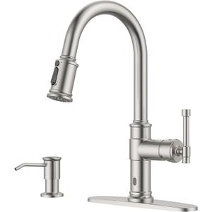 Touchless Kitchen Sink Faucet with Soap Dispenser Brushed Nickel, DAYONE Smart Motion Sensor Hands Free Faucet Kitchen with 3-Function Sprayer for Single/ 3-Hole Sink, DAY136TL-BN