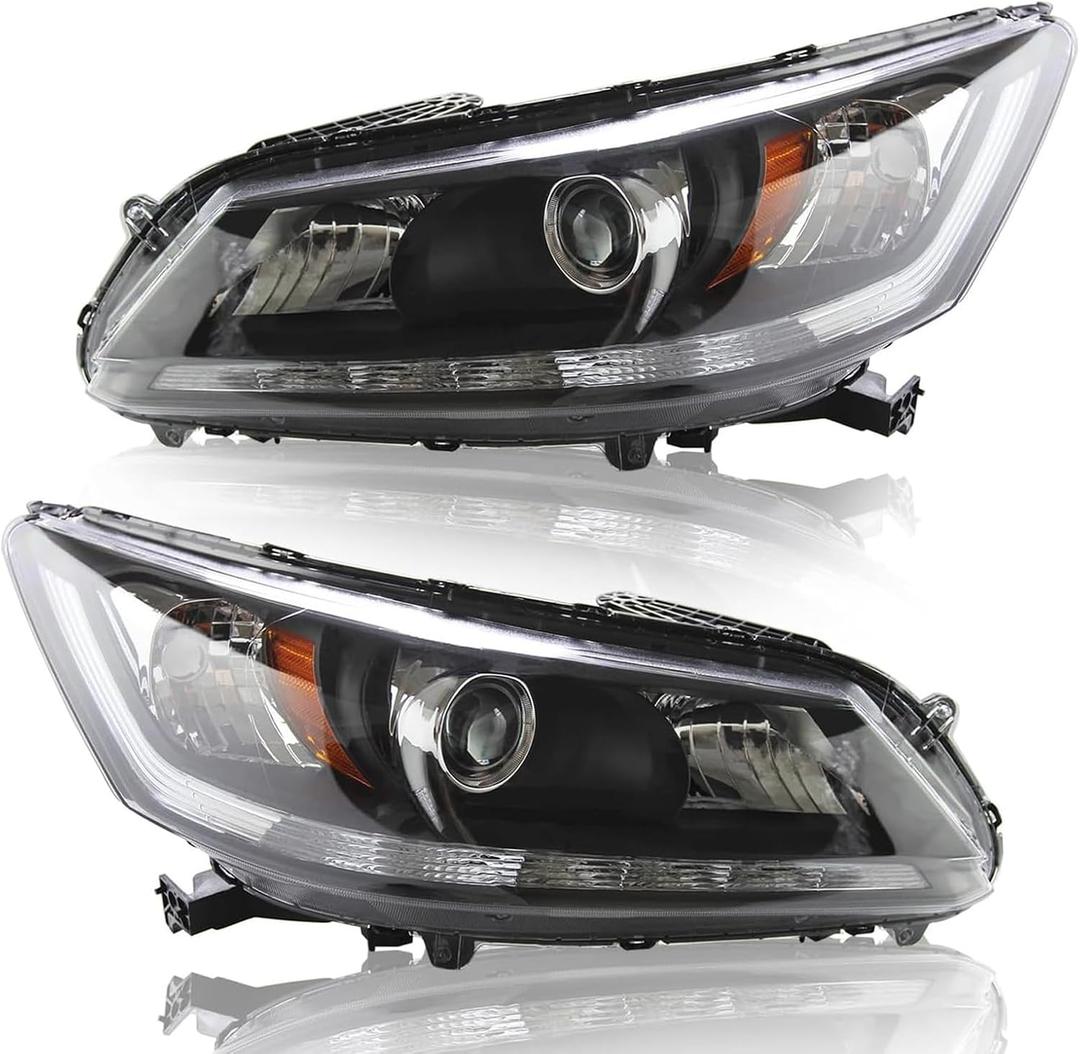 Headlight Assembly Fit for 2013 2014 2015 Honda Accord 4-Door Sedan Halogen Headlamp with LED DRL-Replacement Driver & Passenger Side