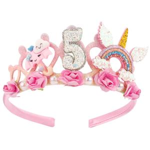 SuPoo 5th Birthday Headband - Pink Flower Crown for Girls' 5th Birthday Party - Cute Princess Tiara Accessory Gift