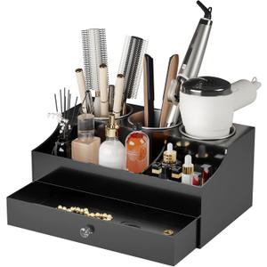 Hair Tool Organizer, Acrylic Hair Blow Dryer Holder Stand for Straightener and Curling Storage, Bathroom Vanity Countertop Organization for Makeup Accessories (Black) (11.8" x 7.3" x 5.3")