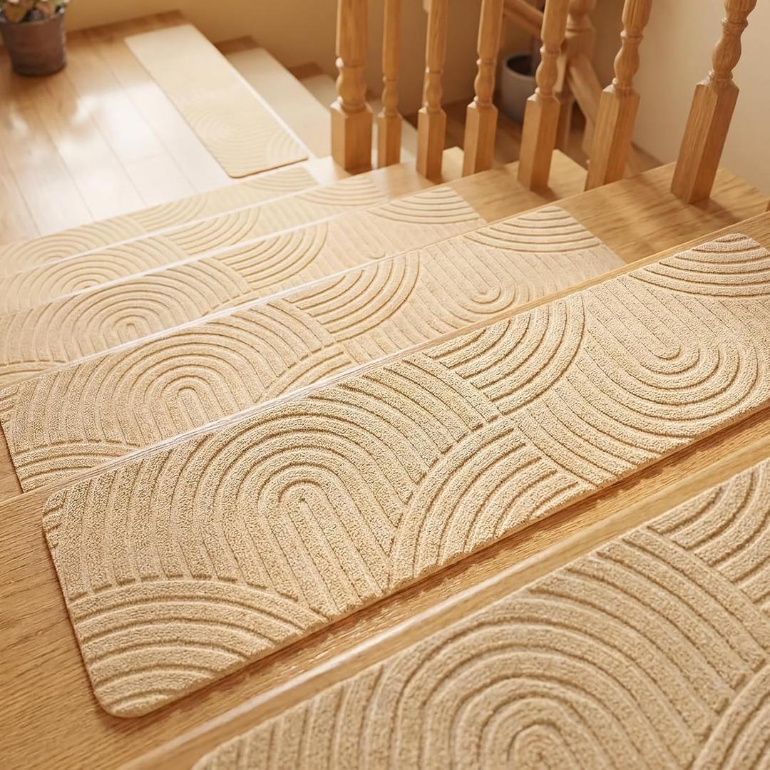 Dunzy 15 Pcs Boho Stair Treads for Wooden Steps Indoor 8" x 30" Non-Slip Carpet Stair Treads, Washable Adhesive Runner Rugs, 3D Peel and Stick, for Elders and Dogs, Pets, Khaki, Each is About 8 X 30 Inches