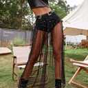 Rave Outfits for Women 2 in 1 Sheer Skirt Festival Clubwear Mesh High Waist Print A Line Maxi Skirt