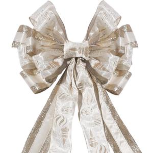 Christmas Tree Topper Bow Flower, Glitter Mesh Ribbon Patterns and Cute Flower Design, 50 X 12 Inch Christmas Decor Handmade Bow for Home, Wedding, Birthday Party, Holiday Decor (Champagne Gold)