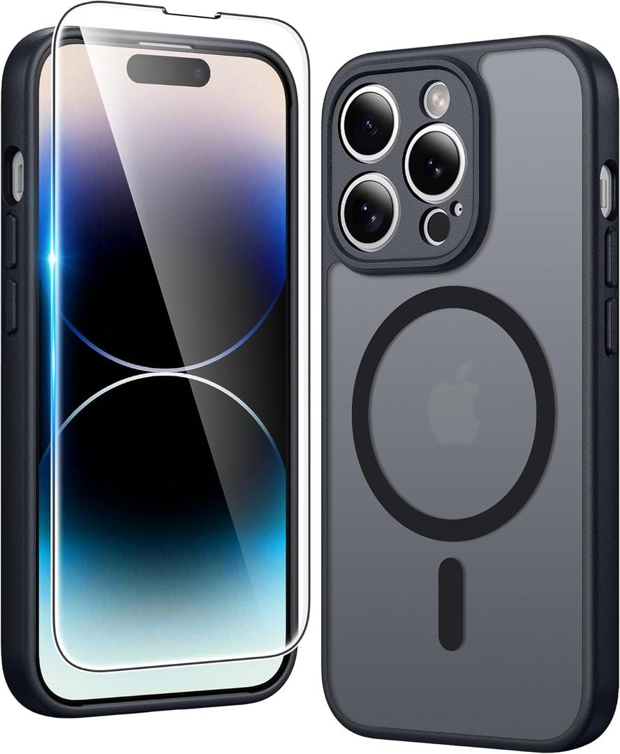 FNTCASE for iPhone 14 Pro-Max Case: Matte Magnetic Phone Cases with Screen Protector Compatible with Magsafe Slim Anti Yellowing Rugged Shockproof Protective Translucent Cell Cover (C-Black)
