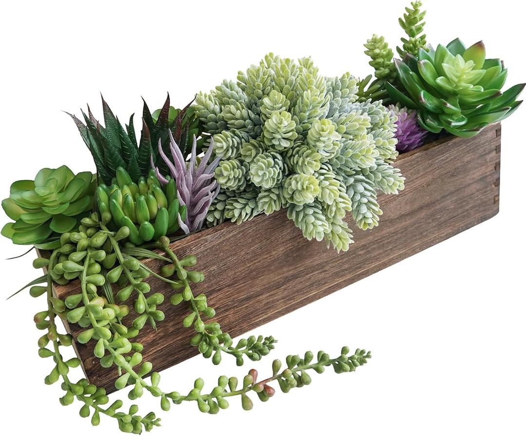 Winlyn 15" Assorted Artificial Succulent Arrangement Assorted Succulents in Rectangular Wooden Planter Faux Potted Plant for Farmhouse Table Centerpiece Windowsill Shelf Desk Mantel Greenery Dcor