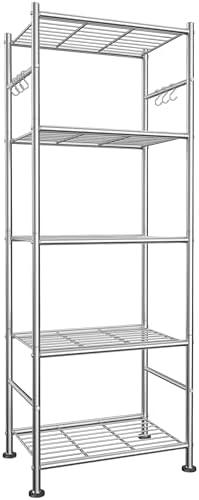 Sakugi 5-Tier Storage Shelves with Hooks, 18.1" x 12.4" x 56.8", Silver | Heavy-Duty Metal Frame, Space-Saving Shoe Rack & Bookshelf, Adjustable Leveling Feet, Ideal for Bedroom, Bathroom and Garage