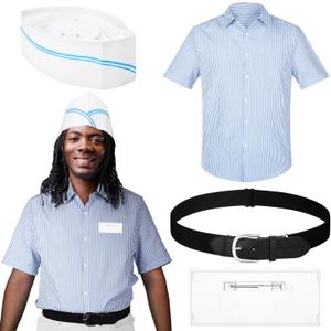 Seenelling 4 Pcs Burger Costume Striped Shirt Disposable Cook's Cap Belts Blank Badge for Men Women Halloween Movie Cosplay (Large)