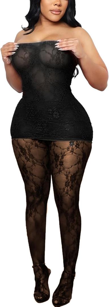 Black Sexy Lace 2 Piece Mini Dress Set Outfit for Women Hollow Out with Stockings Set Clubwear Birthday Party Wear XL