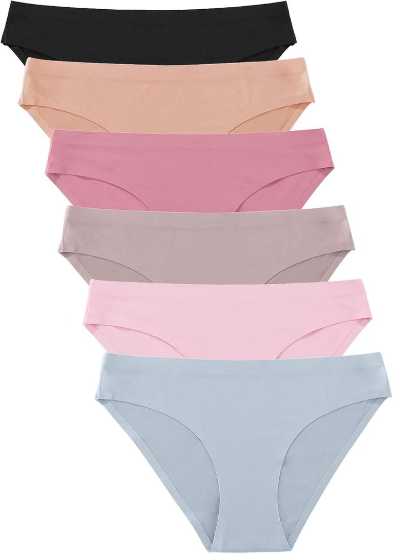 FINETOO 6 Pack Womens Seamless Hipster Underwear No Show Panties Invisibles Briefs Soft Stretch Bikini Underwears XS (Solid 2)