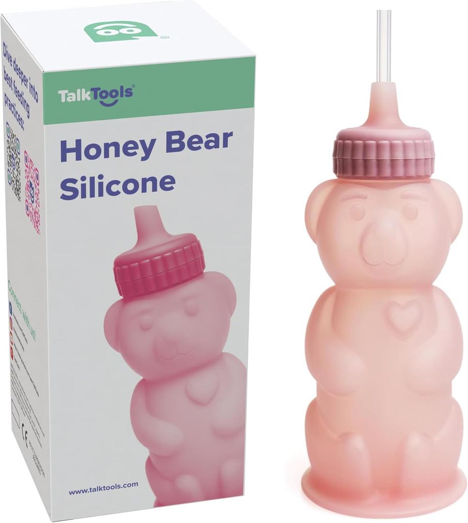 TalkTools Honey Bear Silicone Straw Cup, Dishwasher Safe Baby Drinking Bottle,Premium Food-Grade Material, Honeybear Sippy Cup for Ages 4+ Months, Kids and Toddlers (Single 8oz)-Bubblegum