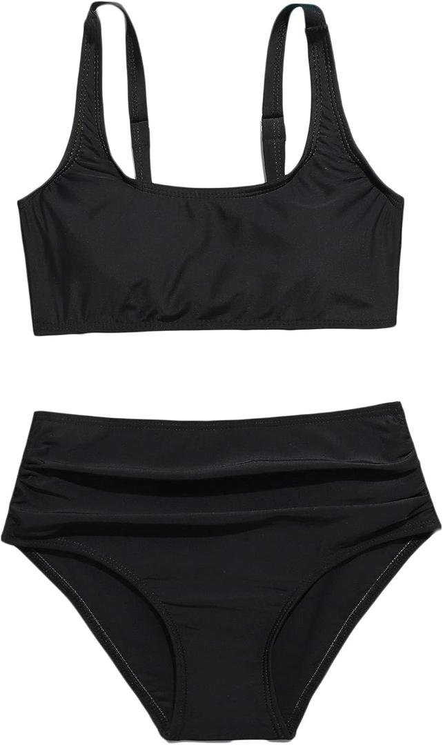 OYOANGLE Girl's 2 Piece Swimsuit Sport High Waist Teen Kids Bikini Set Bathing Suit Swimwear (Black)