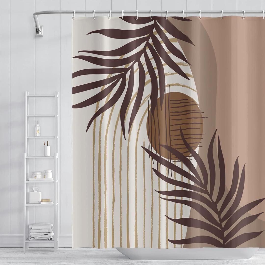 Abstract Mid Century Boho Bathroom Shower Curtain Eucalyptus Leaves Brown and Beige Sun Shower with Hooks Waterproof Polyester Fabric for Art Home Decor, 72x96 Inch