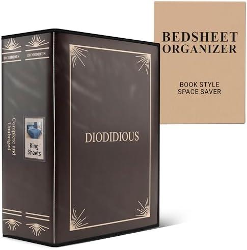 Diodidious Bedsheet Organizer for Linen Closet, Foldable Faux Leather Book-Style Storage Box with Label Window, Decorative Bedding and Sheet Organizer for Queen & King Sets, Brown