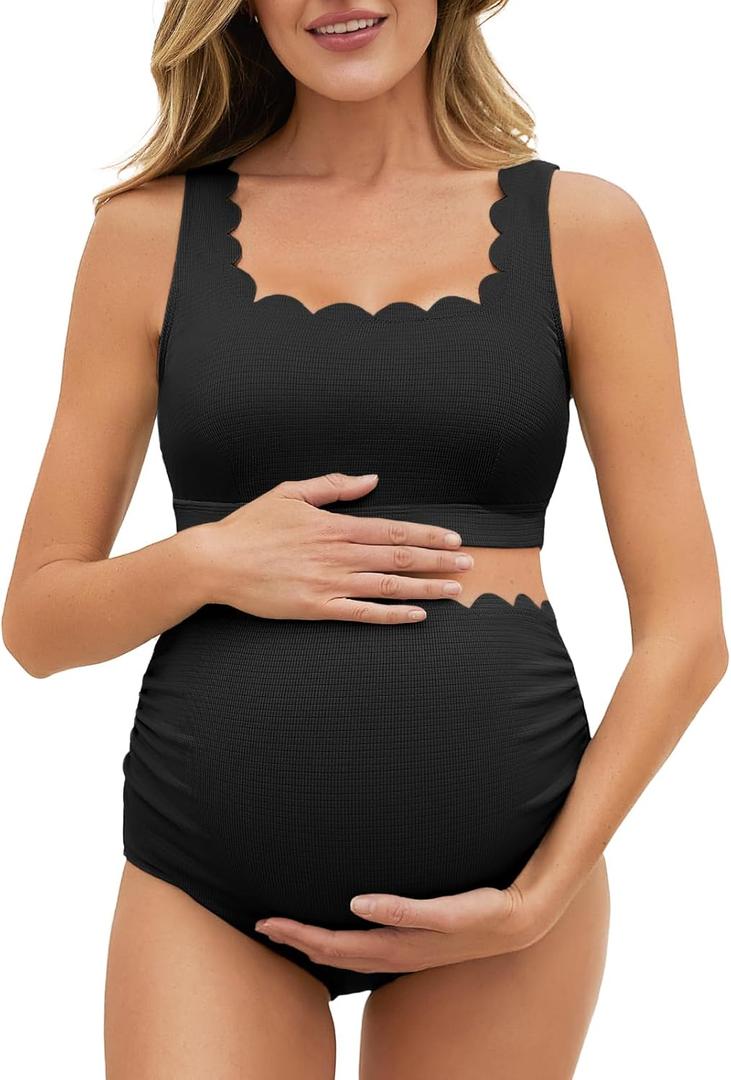Summer Mae Scalloped Maternity Swimsuits for Women High Waist Bathing Suit Pregnancy Two-Piece Bikini Tie Knot Swimwear (10, Black)