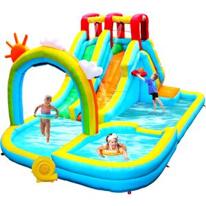 WELLFUNTIME Inflatable Water Double Slides Park with Blower, Bouncy Castle with Rainbow Water Curtain, with Shooting and Rock Climbing