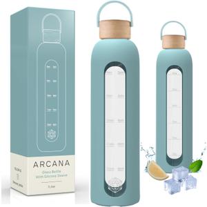 Glass Water Bottle With Time Marker - Borosilicate Reusable Waterbottle With Silicone Sleeve - For travel, Gym, Hiking - Gift For Women and Girls - Motivational Water Bottles (Gelato Blue, 32 OZ) (33.8 Ounces)