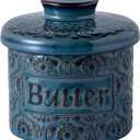 Ceramic Butter Crock with Lid, French Butter Dish with Water Line for Countertop, Butter Keeper for Spreadable Butter, Container Holder for Kitchen and Home Decor, 6.7 OZ, Vintage Blue