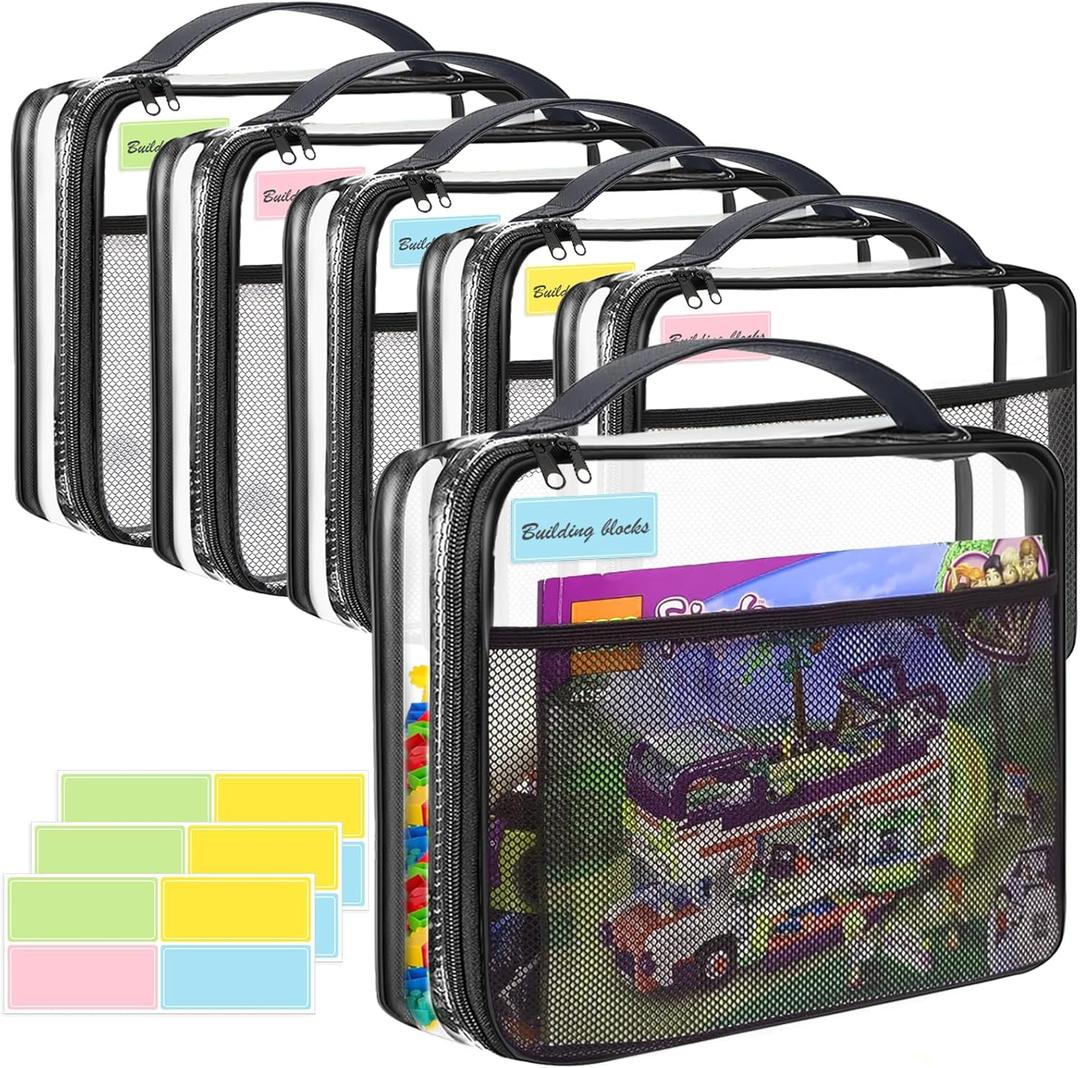 6 Pack Storage Bags with Zipper,12.2 * 9.84 * 2.36in Organizer Bags with Mesh Pockets Name Tag,Waterproof Travel Bags for Board Games,Building Blocks,Puzzles