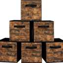 Stero Fabric Storage Cubes, 6 Pack Foldable Storage Bins with Handle, 11 Inch Box for Shelves, Closet, Organizer, Rustic Brown and Black