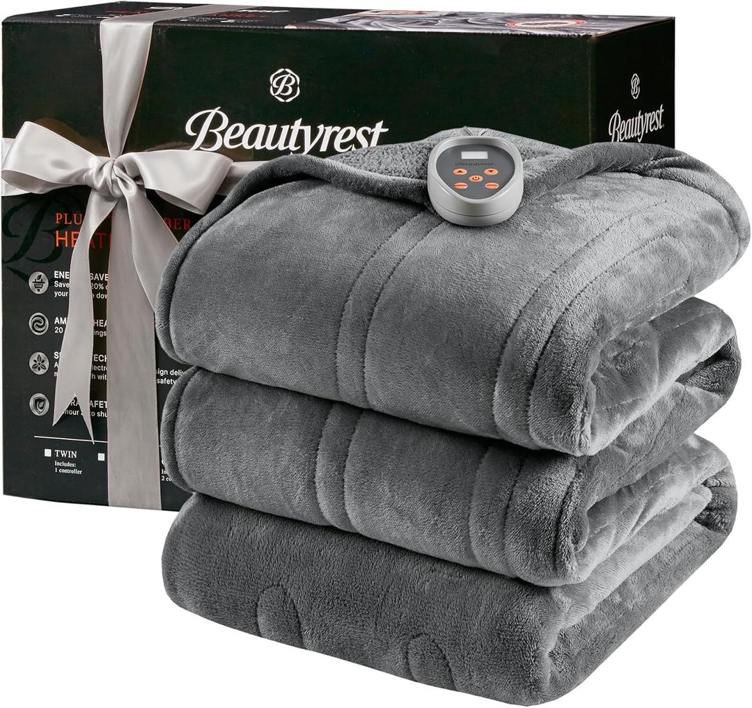 Beautyrest Heated Blanket, Electric Blanket, Soft, Warm, Reversible Plush - Sherpa Heating Blanket with 20 Heat Settings, 1-10 hrs Timer Auto Shut Off, Machine Washable, Full (84 inx80 in), Grey