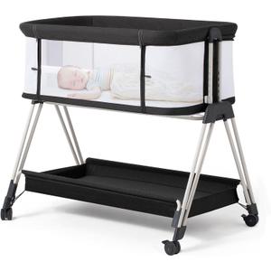 Fodoss Baby Bassinet Bedside Sleeper with Wheels and Storage Tray,4-Sided Mesh Bedside Bassinet for Infant/Newborn,7 Height Adjustable Easy Folding Bedside Crib