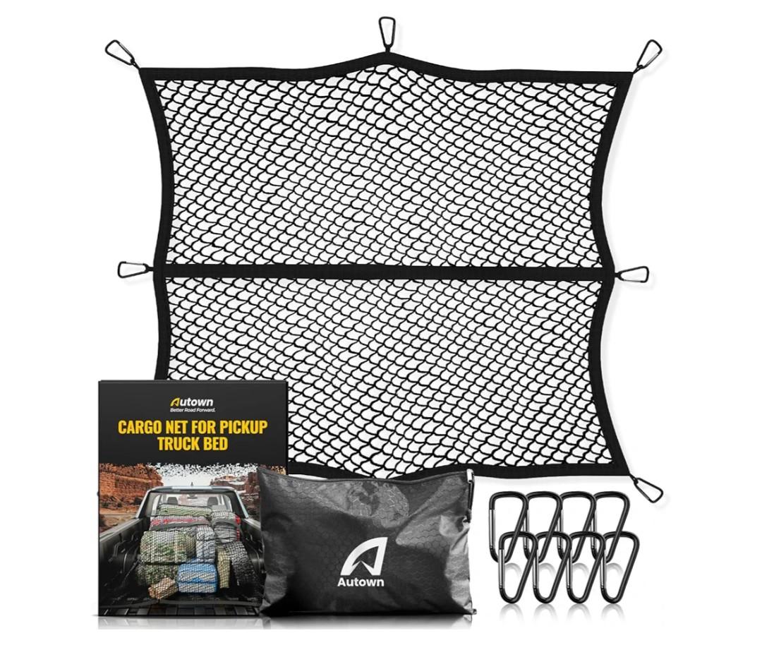 AUTOWN Cargo Net for Pickup Truck Bed - Stretchable 4'x4' to 7'x7', High Elastic Fine Mesh 1''x1'' with 8 Metal Carabiners - Ideal for ATV, SUV, UTV, Truck and Boat Use (Single Layer)